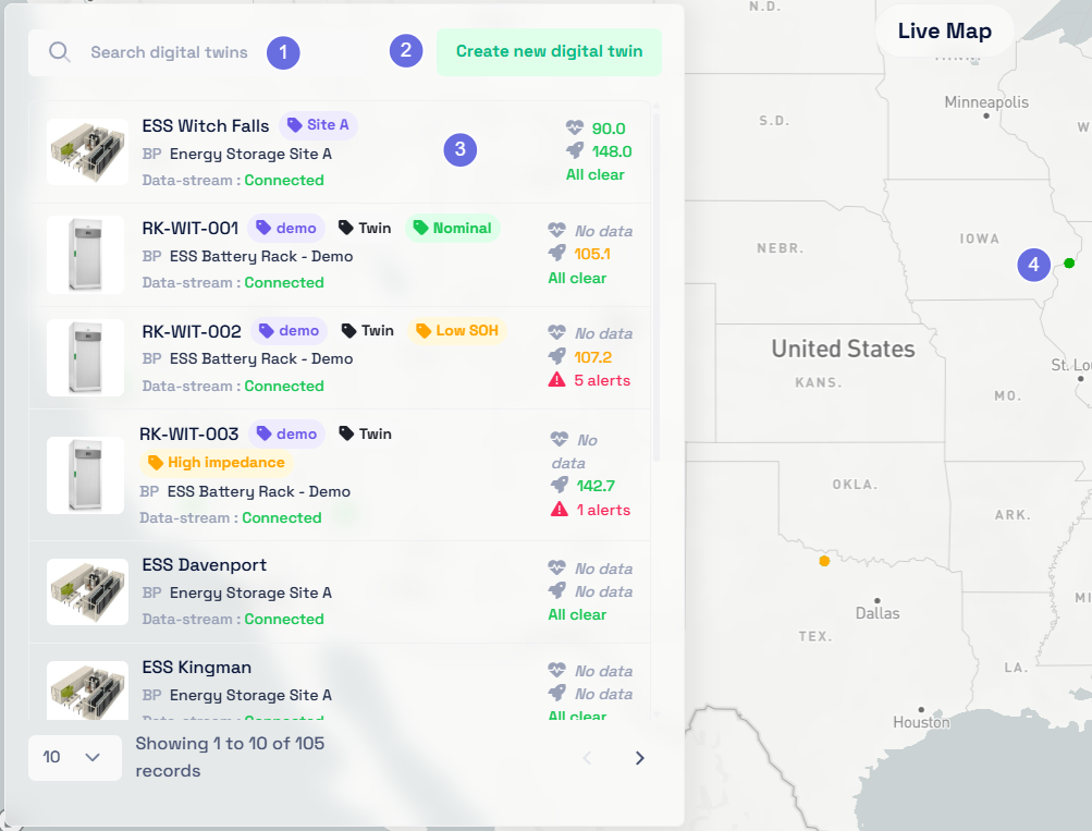 Live Map showing recent asset locations